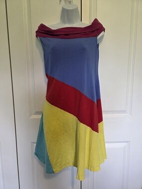 Colorblock Off-Shoulder Midi Dress in Blue, Red & Yellow